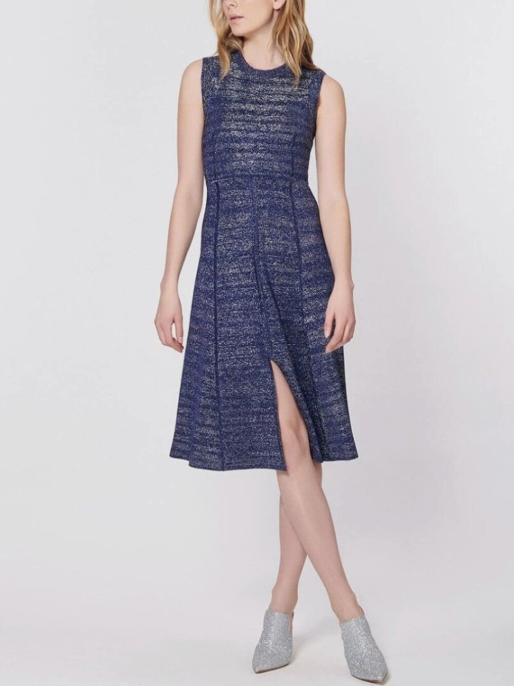 Veronica Beard Foley Metallic Blue Silver Flare Midi Dress XS Quiet Luxury Glam